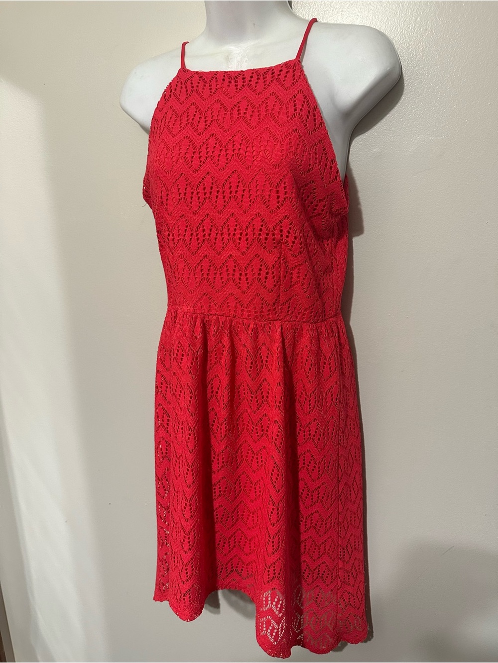 No Boundaries Pink‑Red Lace Fit and Flare Dress Size M (7‑9) Spaghetti Strap